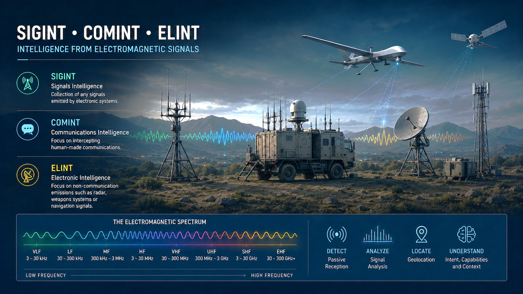 SIGINT, COMINT and ELINT across the electromagnetic spectrum
